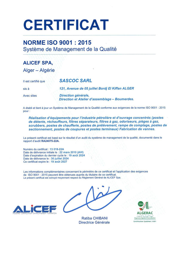 Certificat ISO 9001 2024 2027