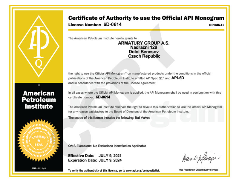 Certificat API Armatury 2024
